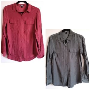 Bundle-2 Women's Express long sleeve button-up collared blouses (gray and wine)